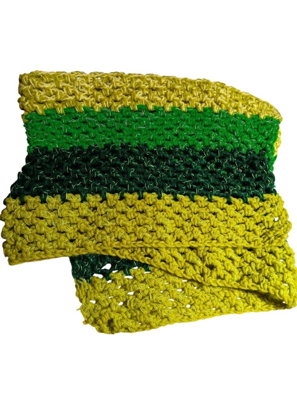 1970's Granny Vintage Hand-Knit 53" 70's Handmade Scarf Green & Yellow Hippy